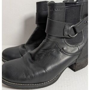 Merrell Women's Black Leather Ankle Boots Size 8 Harness Moto Chunky Heel